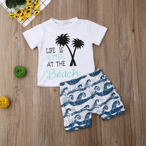 Summer Newborn Baby Boy Clothes T-Shirt+Waves Print Shorts 2PCS
